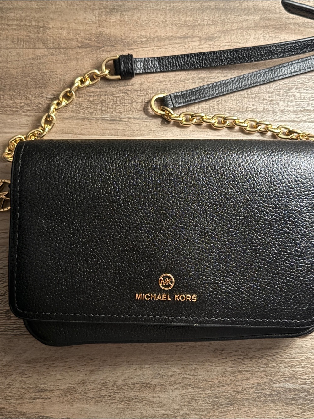 Michael Kors Black Leather Crossbody Bag with Gold Chain